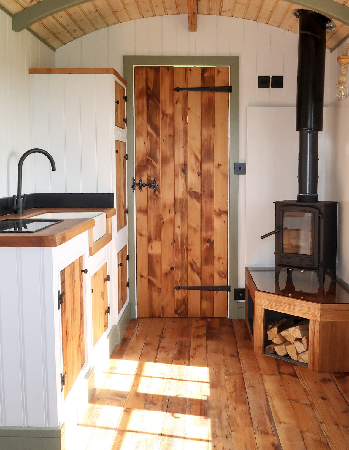 Shepherd hut interior, hand built Cornwall